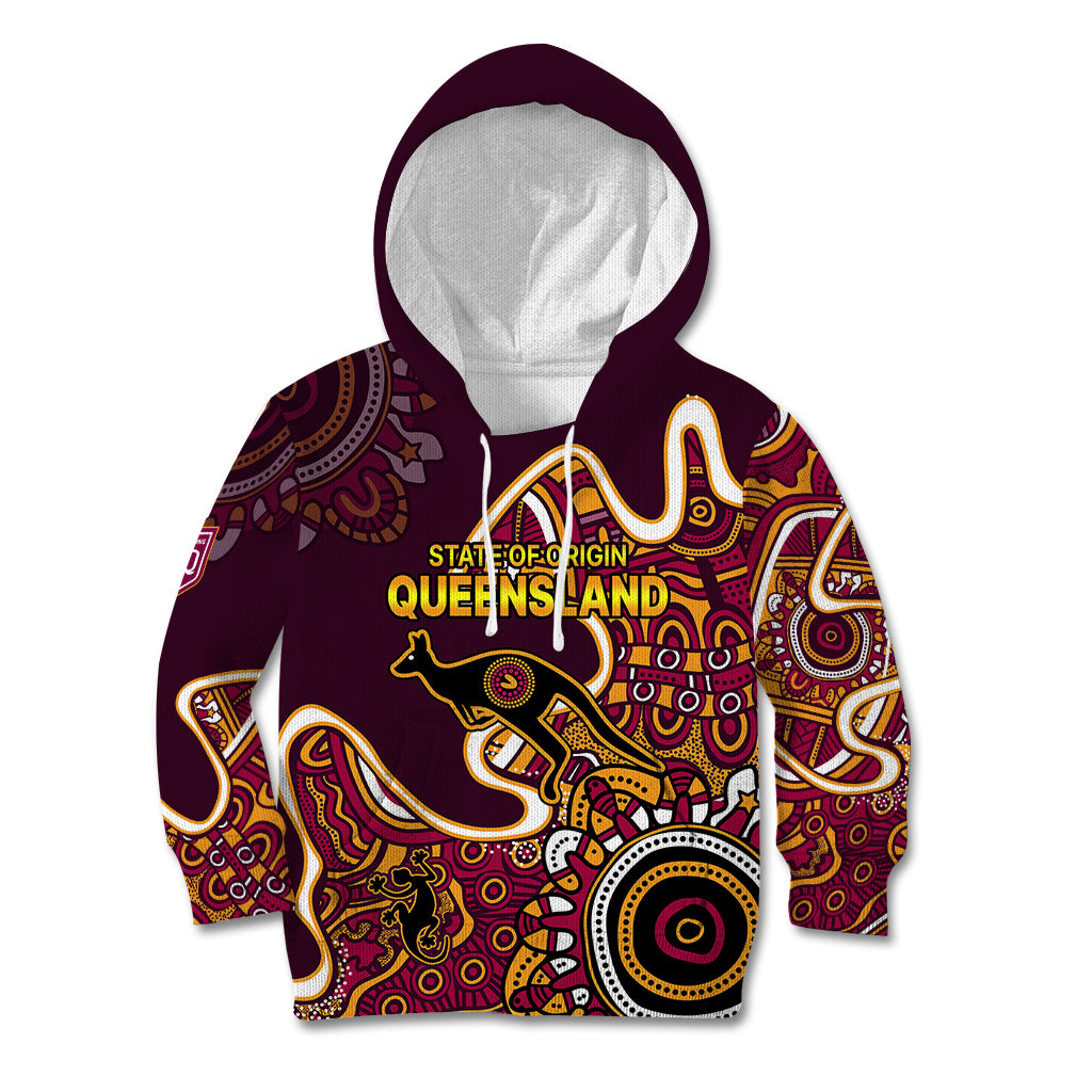 (Custom Text and Number) Queensland Rugby Kid Hoodie State of Origin Go Maroons Indigenous Tribal - Vibe Hoodie Shop