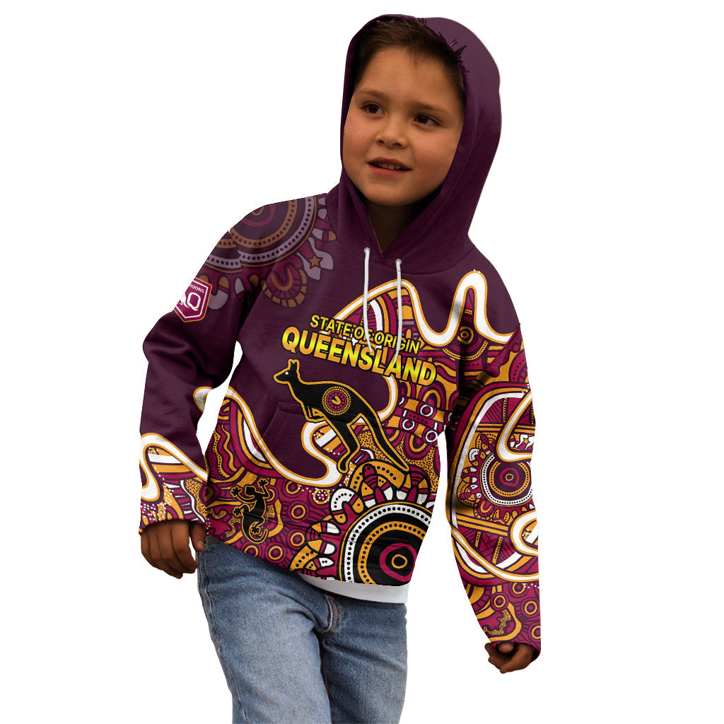 (Custom Text and Number) Queensland Rugby Kid Hoodie State of Origin Go Maroons Indigenous Tribal - Vibe Hoodie Shop