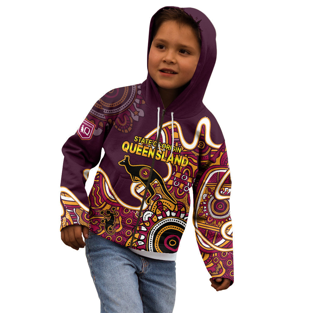 (Custom Text and Number) Queensland Rugby Kid Hoodie State of Origin Go Maroons Indigenous Tribal - Vibe Hoodie Shop