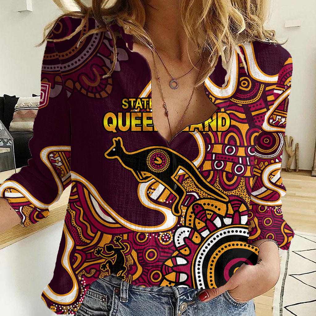 (Custom Text and Number) Queensland Rugby Women Casual Shirt State of Origin Go Maroons Indigenous Tribal - Vibe Hoodie Shop
