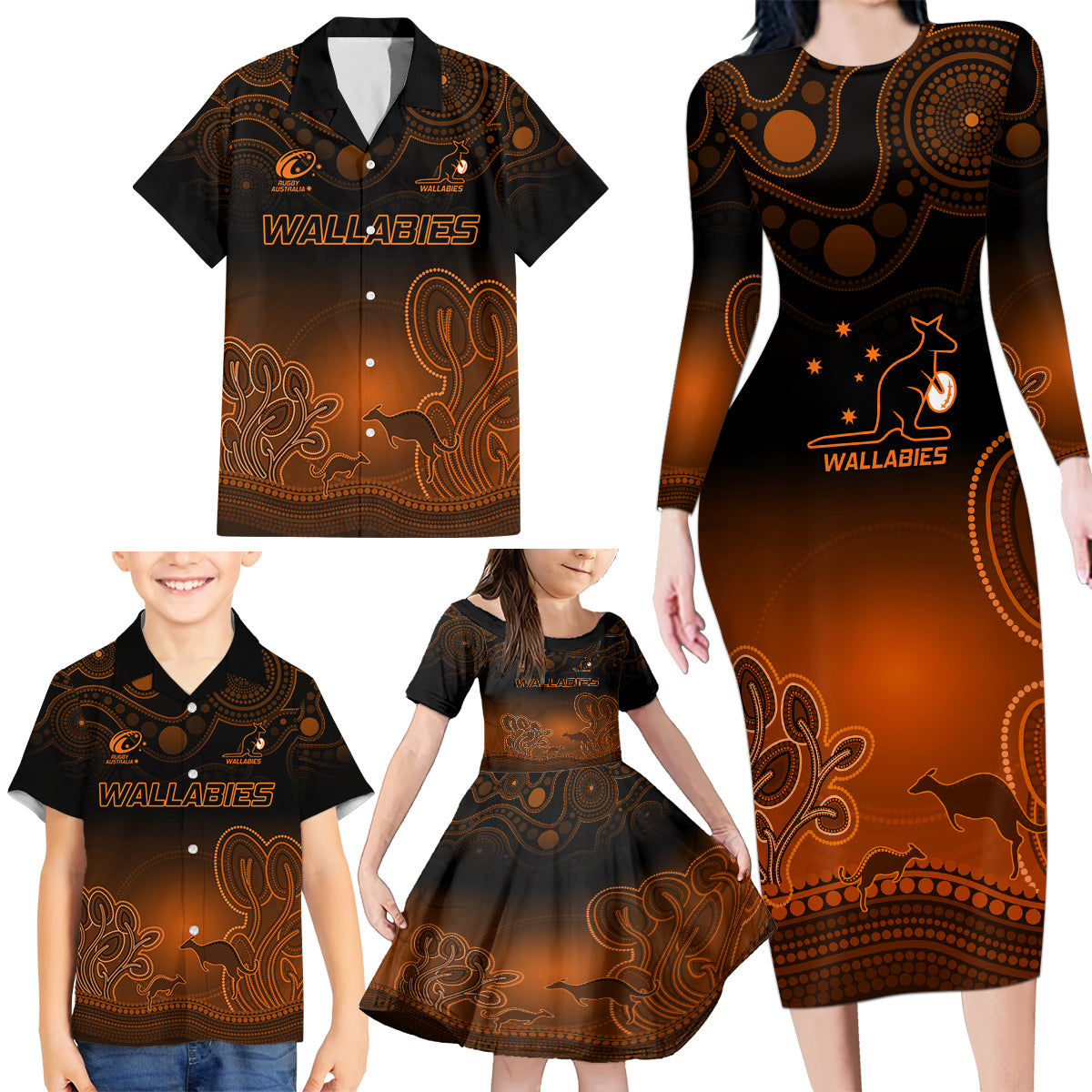 custom-australia-wallabies-rugby-family-matching-long-sleeve-bodycon-dress-and-hawaiian-shirt-the-starry-night-indigenous