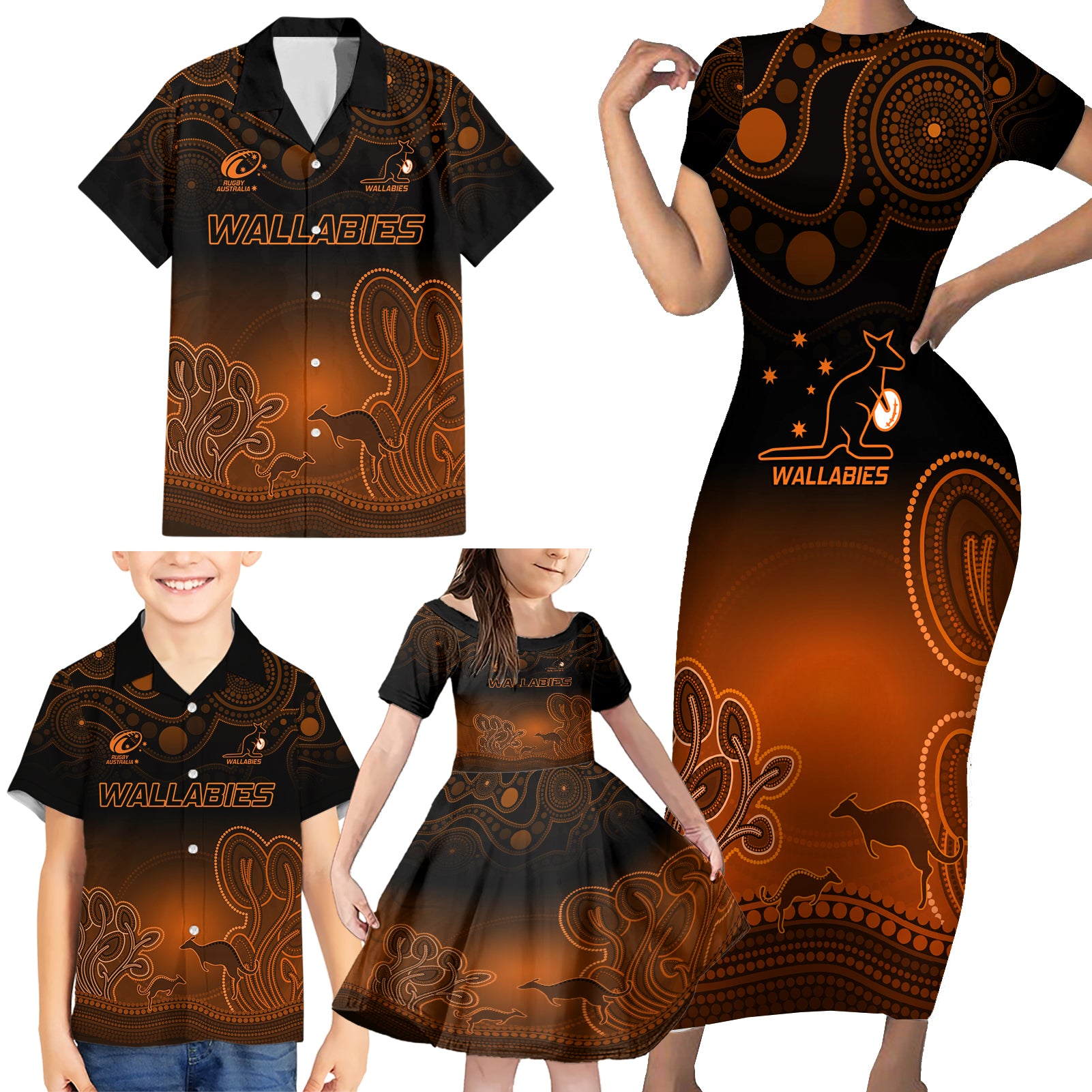 custom-australia-wallabies-rugby-family-matching-short-sleeve-bodycon-dress-and-hawaiian-shirt-the-starry-night-indigenous