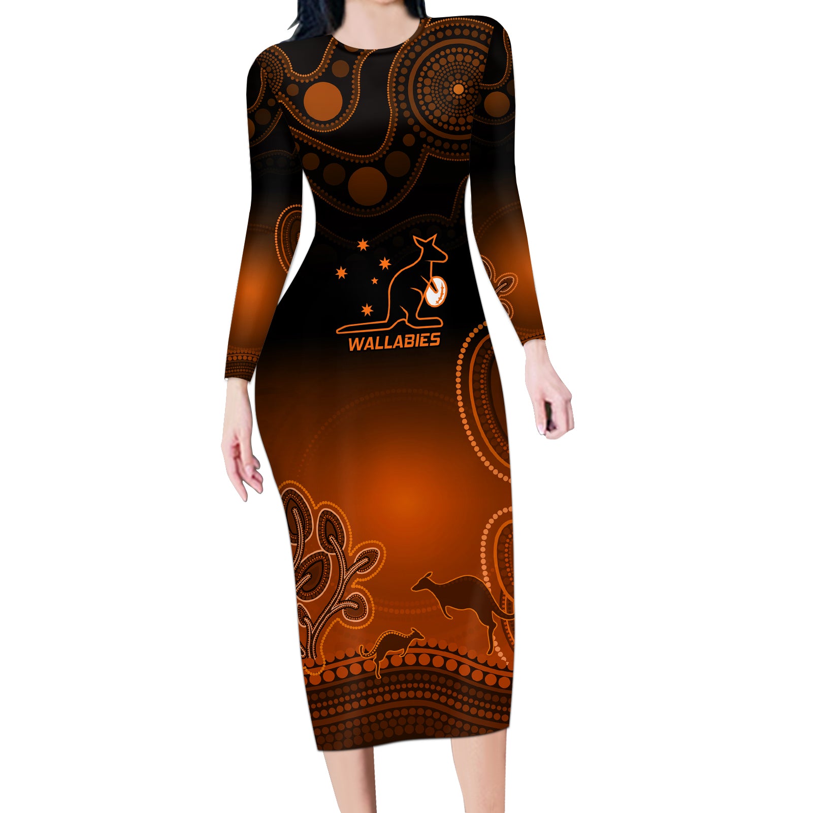 custom-australia-wallabies-rugby-long-sleeve-bodycon-dress-the-starry-night-indigenous