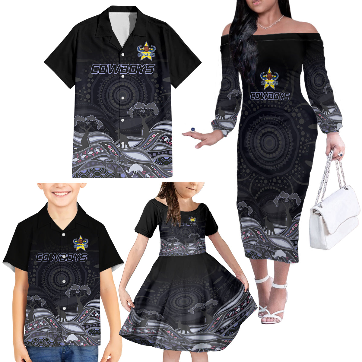 custom-cowboys-rugby-family-matching-off-shoulder-long-sleeve-dress-and-hawaiian-shirt-the-starry-night-indigenous