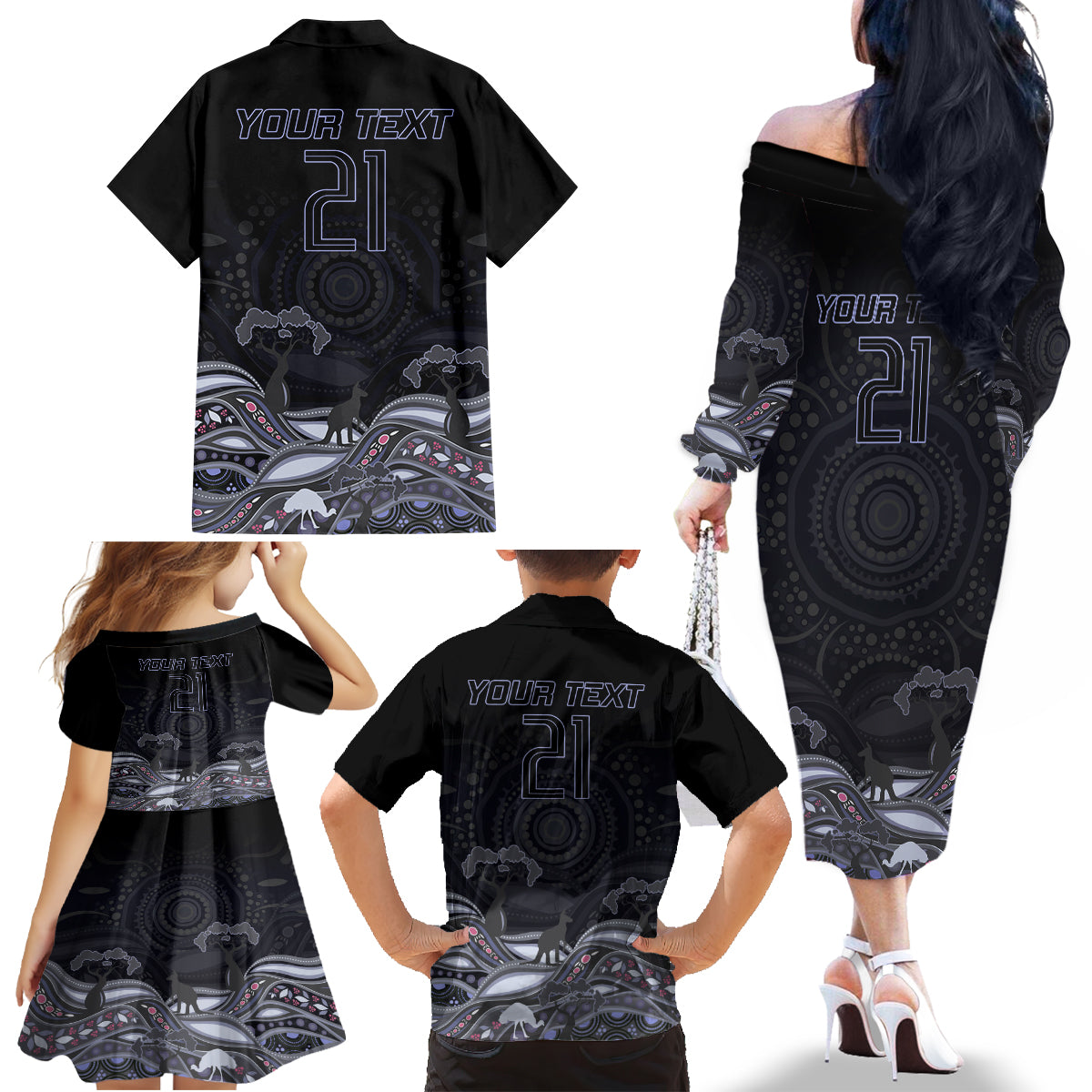 custom-cowboys-rugby-family-matching-off-shoulder-long-sleeve-dress-and-hawaiian-shirt-the-starry-night-indigenous