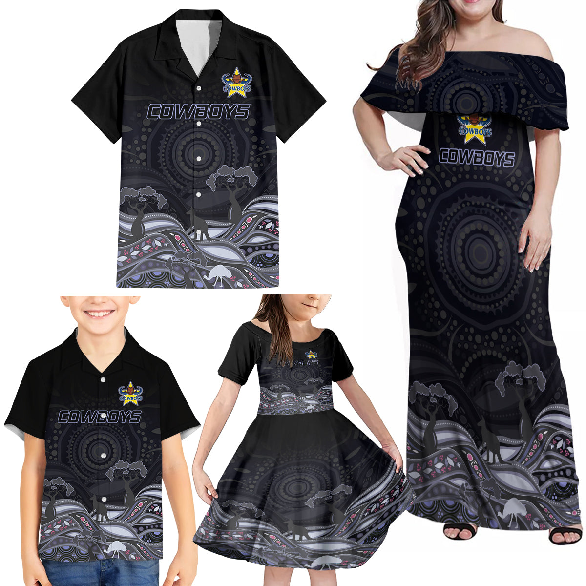 custom-cowboys-rugby-family-matching-off-shoulder-maxi-dress-and-hawaiian-shirt-the-starry-night-indigenous