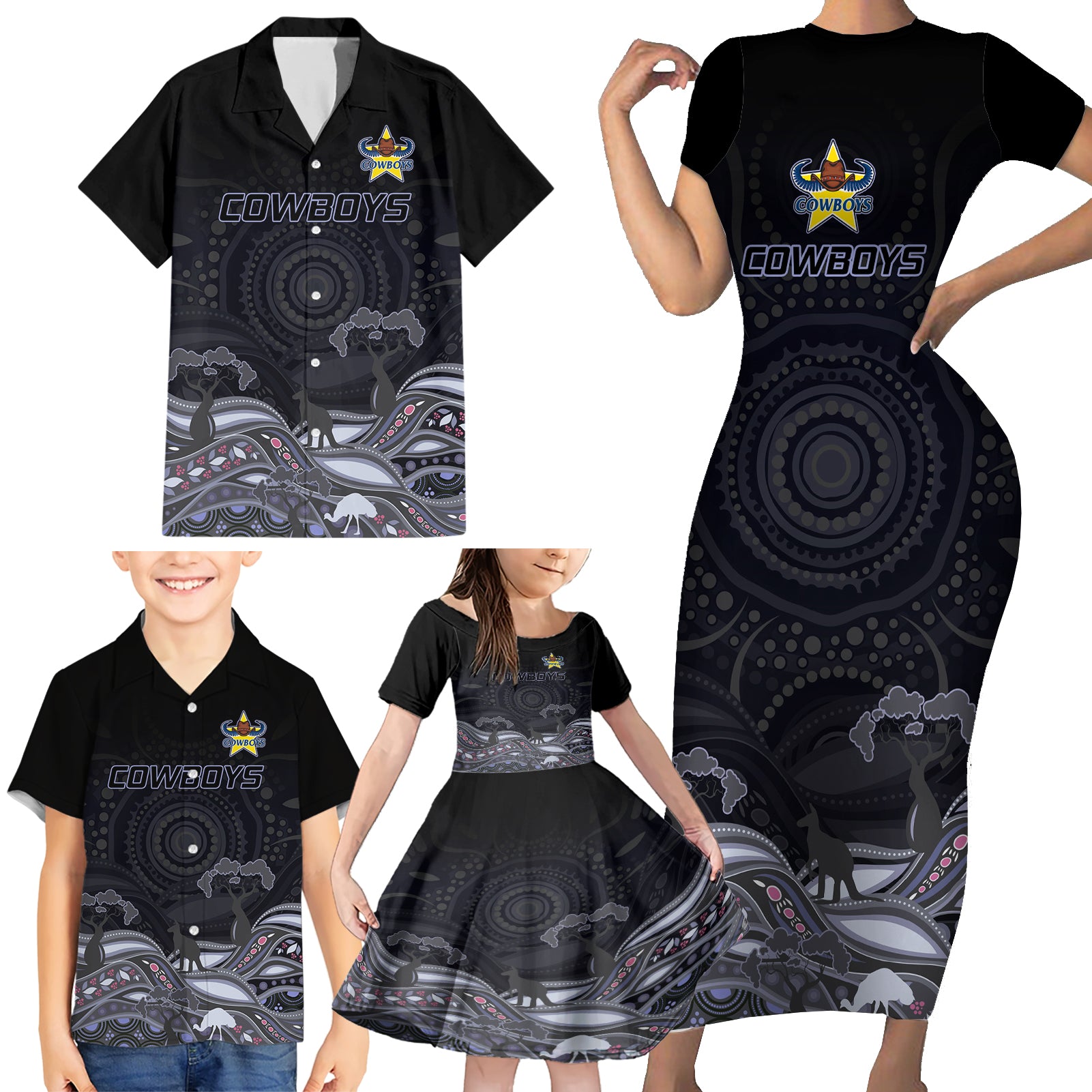 custom-cowboys-rugby-family-matching-short-sleeve-bodycon-dress-and-hawaiian-shirt-the-starry-night-indigenous