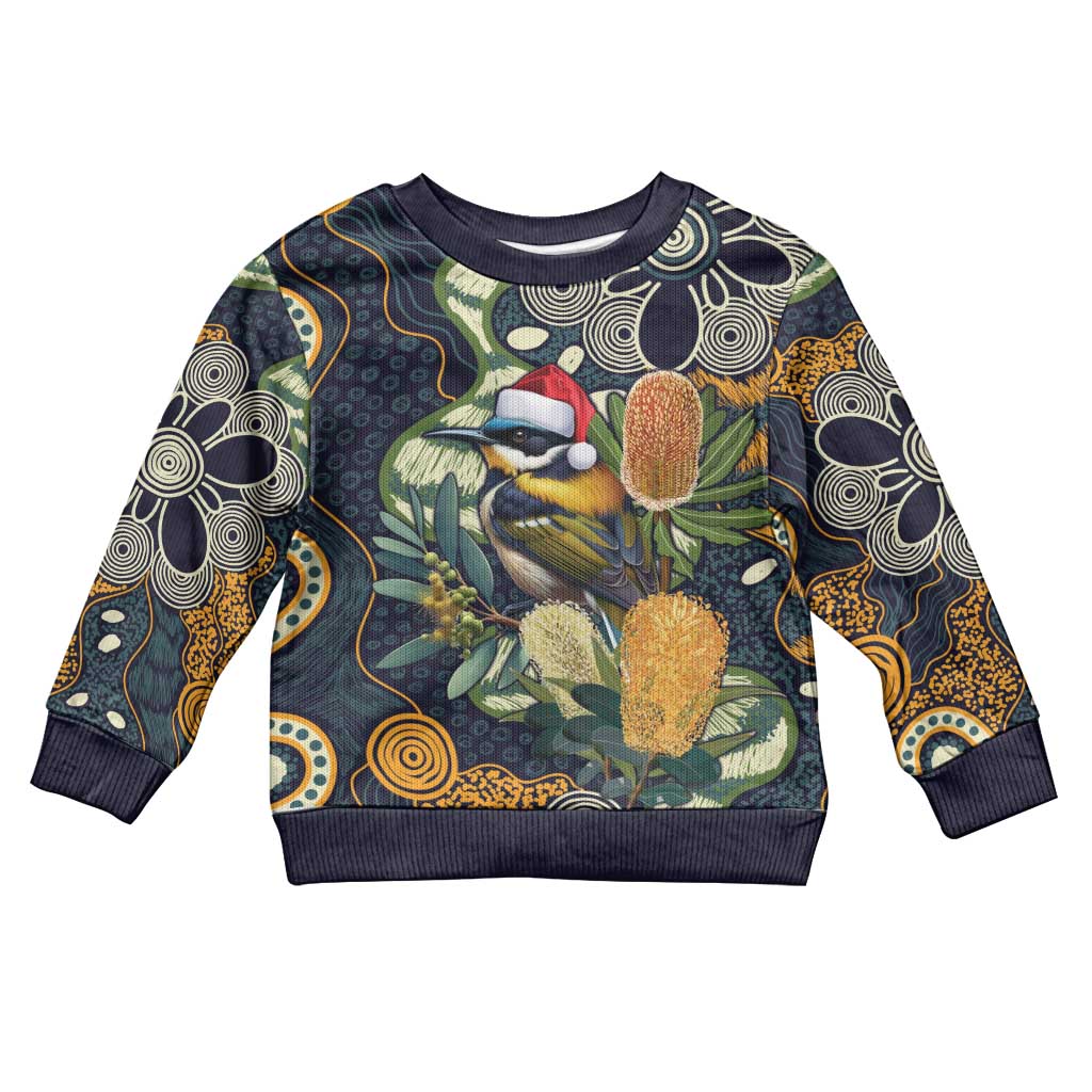 Aussie Honeyeaters Banksia Christmas Kid Ugly Christmas Sweater Aboriginal Dots Painting Blue Motif - Vibe Hoodie