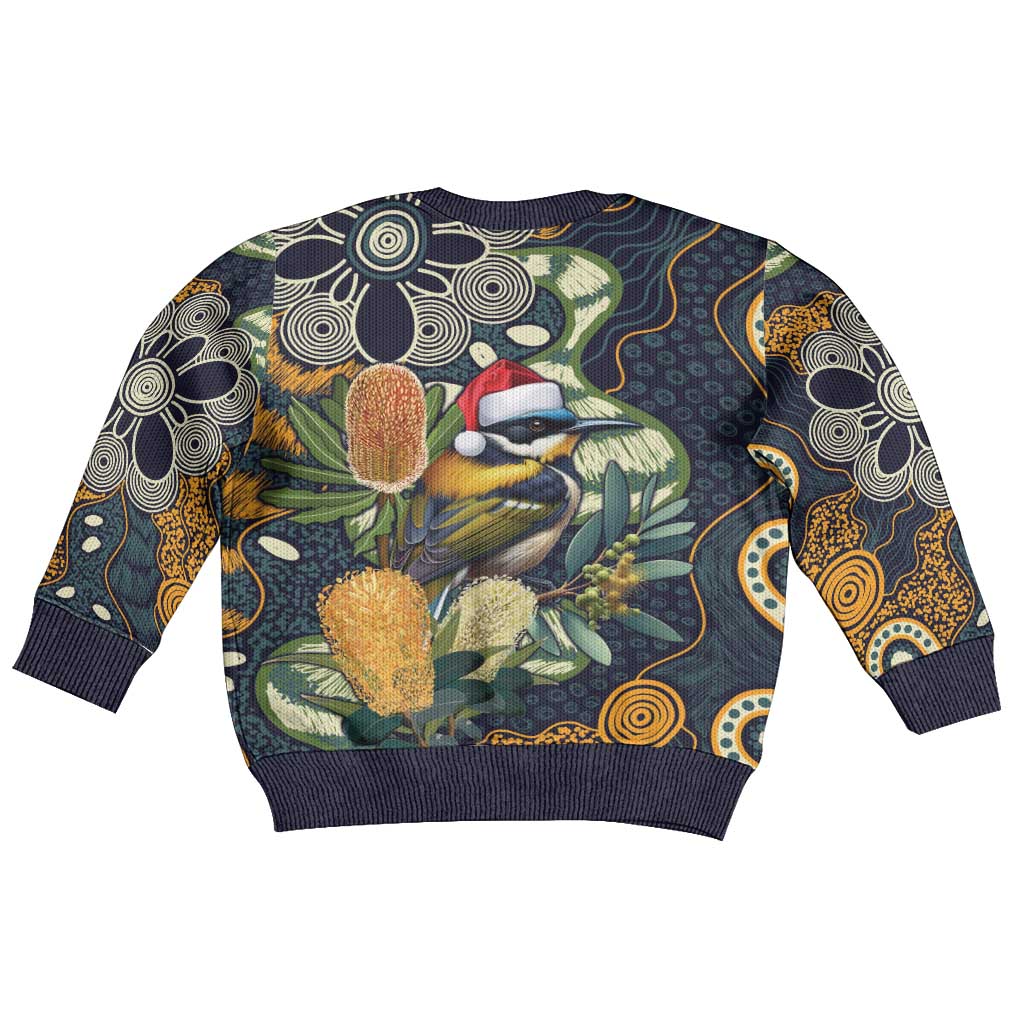 Aussie Honeyeaters Banksia Christmas Kid Ugly Christmas Sweater Aboriginal Dots Painting Blue Motif - Vibe Hoodie