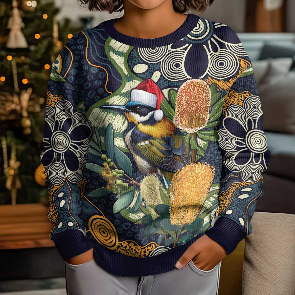 Aussie Honeyeaters Banksia Christmas Kid Ugly Christmas Sweater Aboriginal Dots Painting Blue Motif - Vibe Hoodie