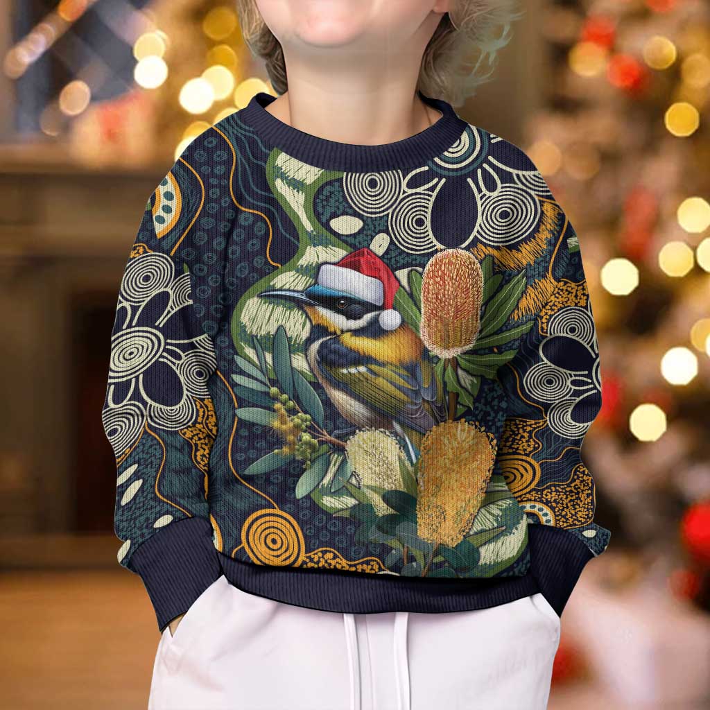 Aussie Honeyeaters Banksia Christmas Kid Ugly Christmas Sweater Aboriginal Dots Painting Blue Motif - Vibe Hoodie