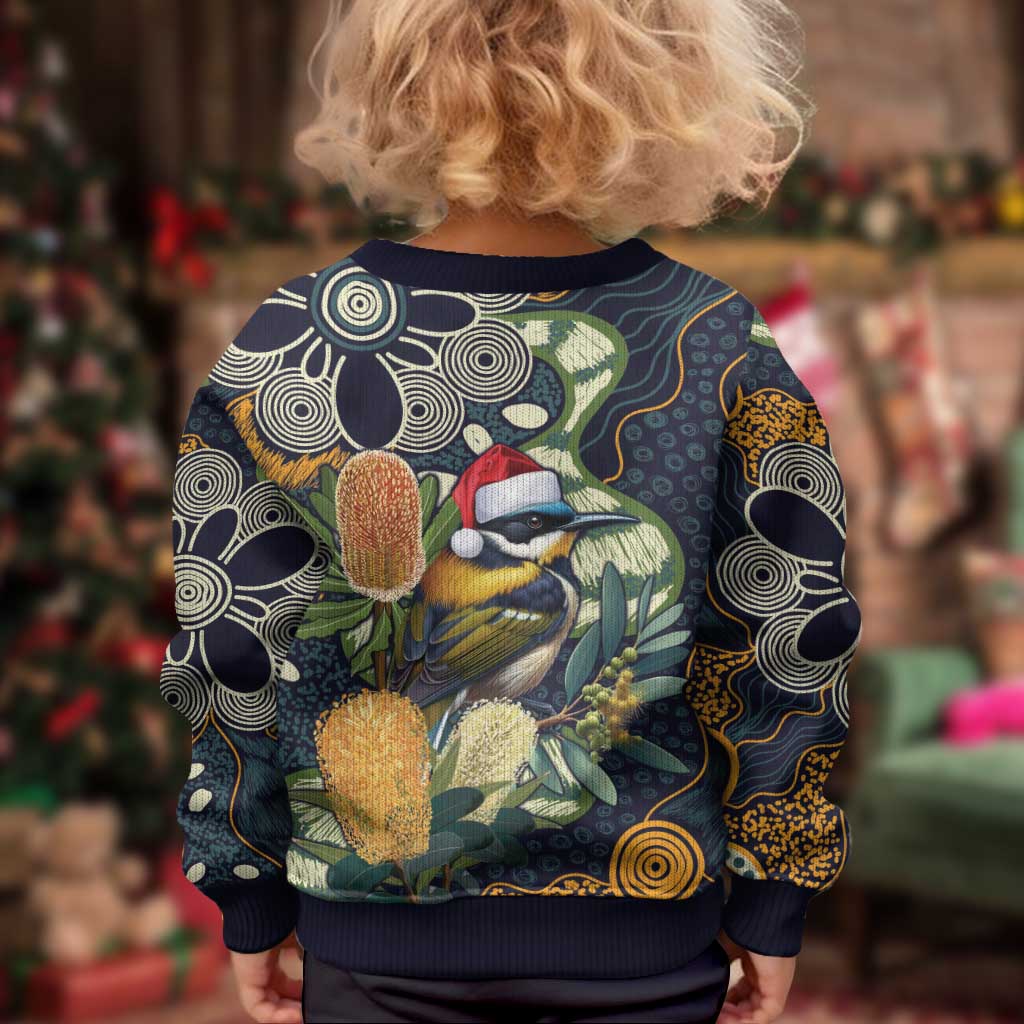 Aussie Honeyeaters Banksia Christmas Kid Ugly Christmas Sweater Aboriginal Dots Painting Blue Motif - Vibe Hoodie