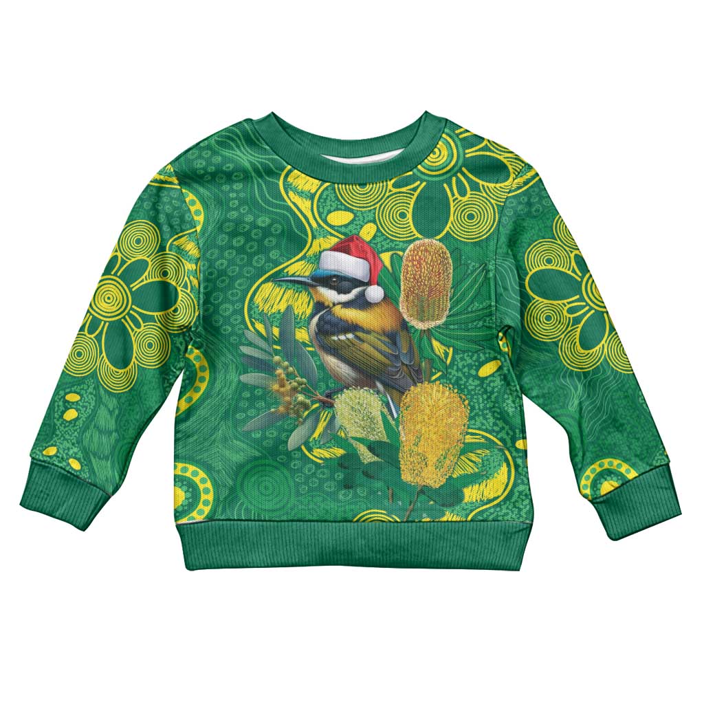 Aussie Honeyeaters Banksia Christmas Kid Ugly Christmas Sweater Aboriginal Dots Painting Green Motif - Vibe Hoodie