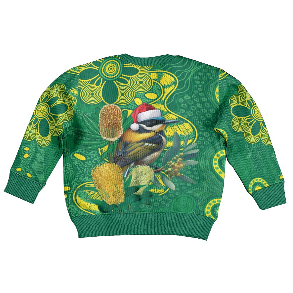 Aussie Honeyeaters Banksia Christmas Kid Ugly Christmas Sweater Aboriginal Dots Painting Green Motif - Vibe Hoodie