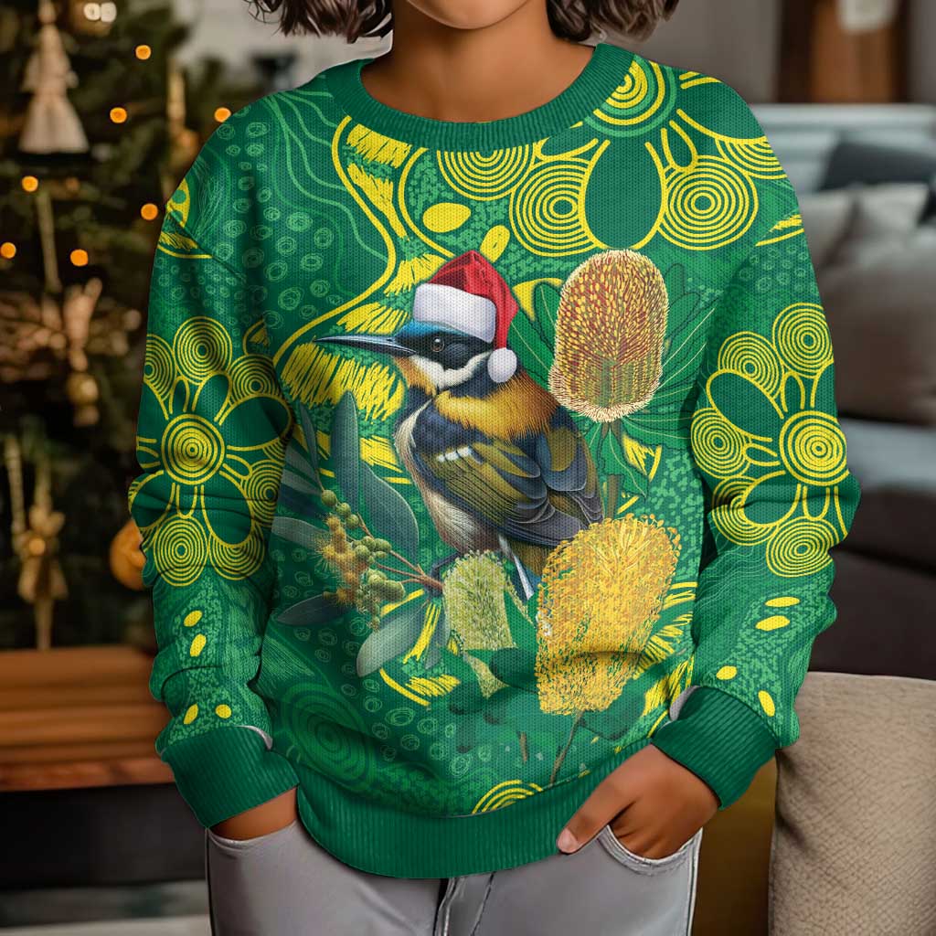 Aussie Honeyeaters Banksia Christmas Kid Ugly Christmas Sweater Aboriginal Dots Painting Green Motif - Vibe Hoodie