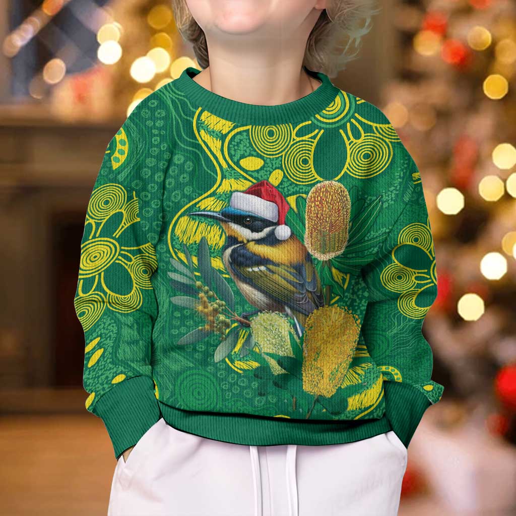 Aussie Honeyeaters Banksia Christmas Kid Ugly Christmas Sweater Aboriginal Dots Painting Green Motif - Vibe Hoodie