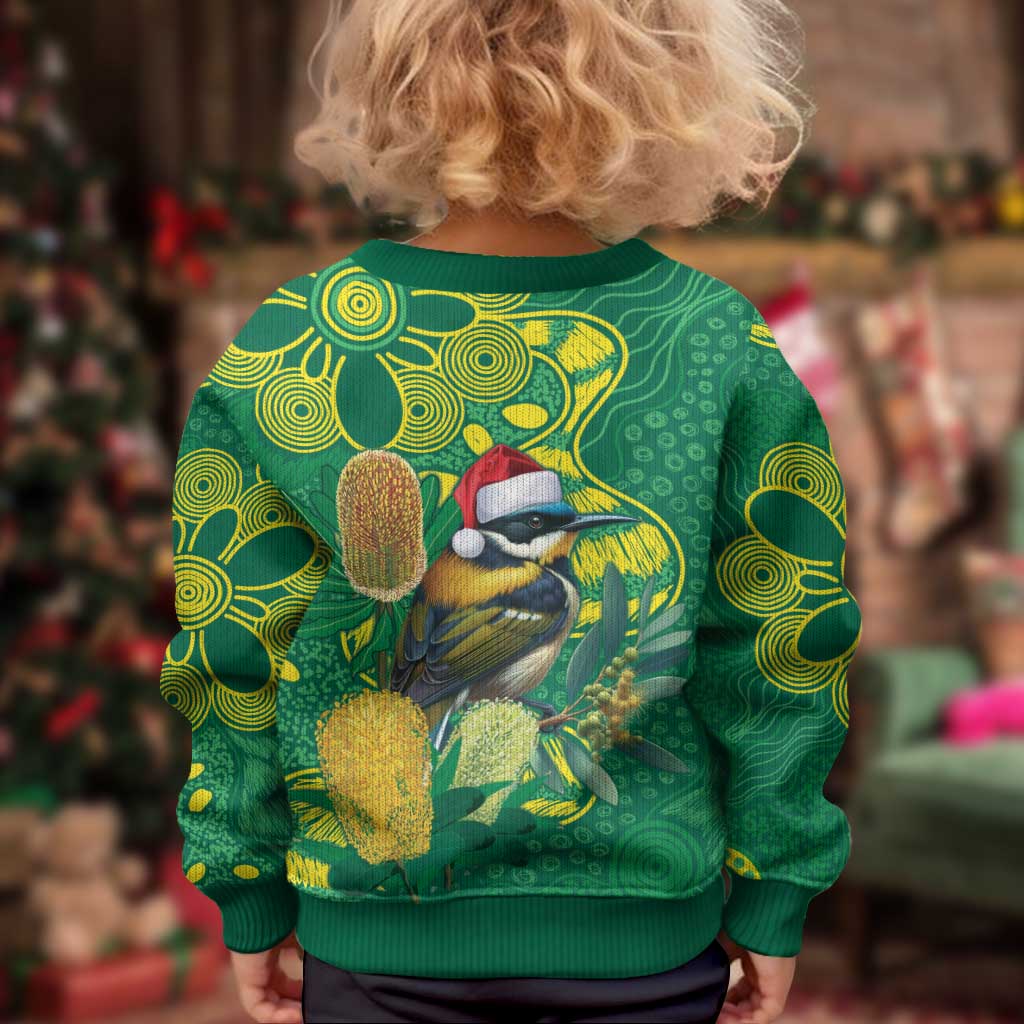Aussie Honeyeaters Banksia Christmas Kid Ugly Christmas Sweater Aboriginal Dots Painting Green Motif - Vibe Hoodie