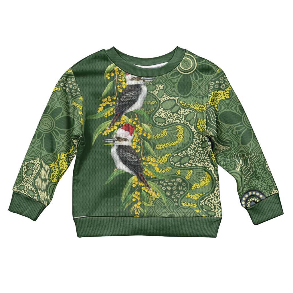 Aussie Kokaburra Golden Wattle Christmas Kid Ugly Christmas Sweater Aboriginal Dots Painting Green Motif - Vibe Hoodie