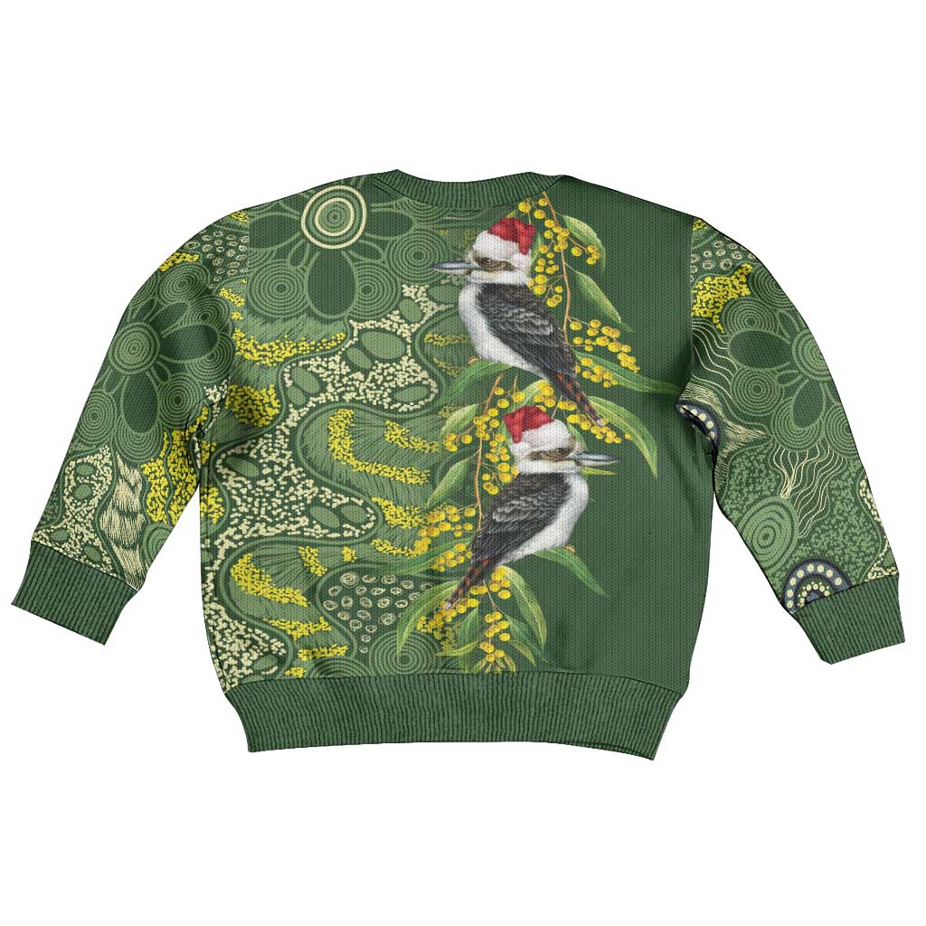 Aussie Kokaburra Golden Wattle Christmas Kid Ugly Christmas Sweater Aboriginal Dots Painting Green Motif - Vibe Hoodie