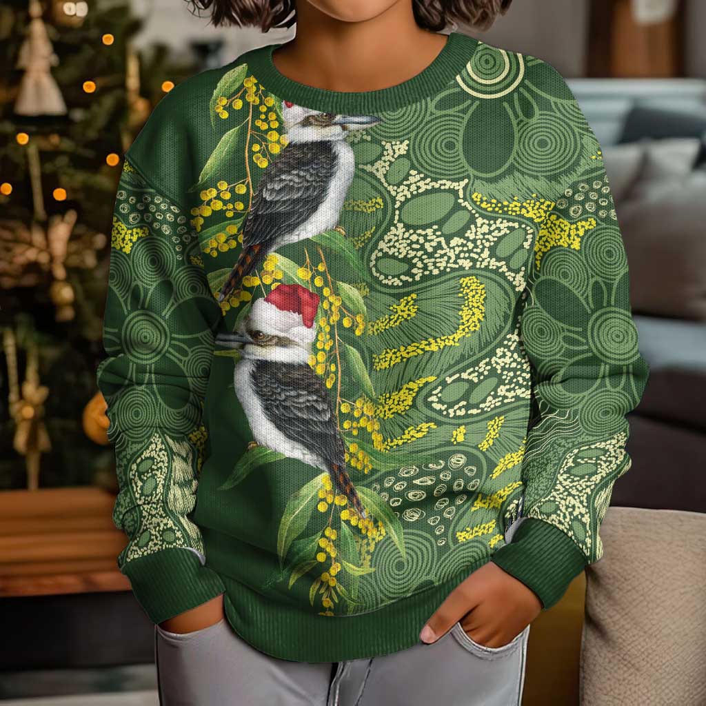 Aussie Kokaburra Golden Wattle Christmas Kid Ugly Christmas Sweater Aboriginal Dots Painting Green Motif - Vibe Hoodie