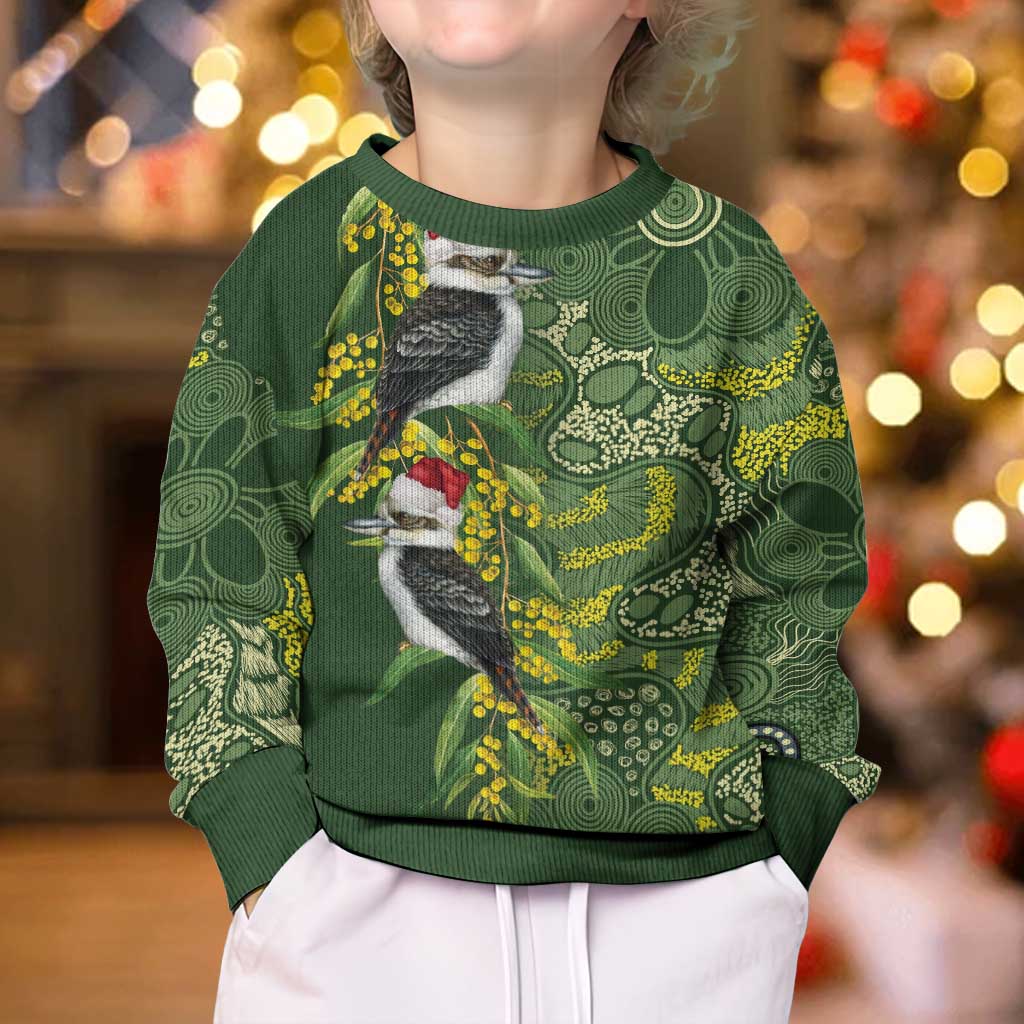 Aussie Kokaburra Golden Wattle Christmas Kid Ugly Christmas Sweater Aboriginal Dots Painting Green Motif - Vibe Hoodie