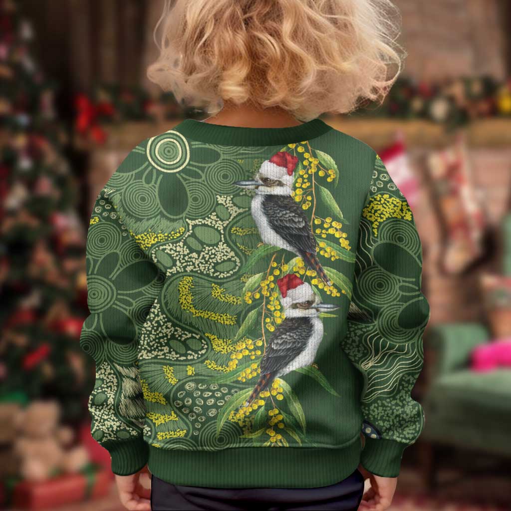 Aussie Kokaburra Golden Wattle Christmas Kid Ugly Christmas Sweater Aboriginal Dots Painting Green Motif - Vibe Hoodie
