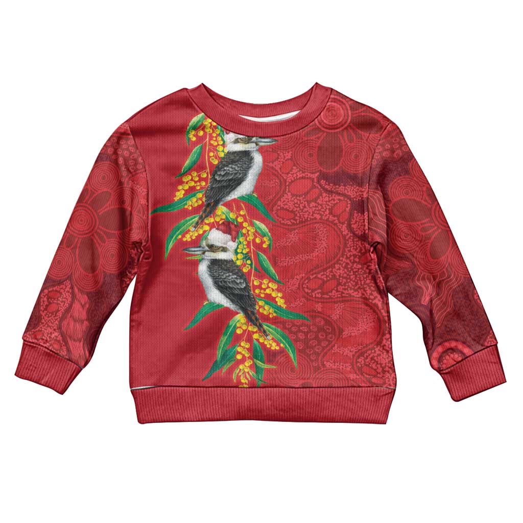 Aussie Kokaburra Golden Wattle Christmas Kid Ugly Christmas Sweater Aboriginal Dots Painting Red Motif - Vibe Hoodie