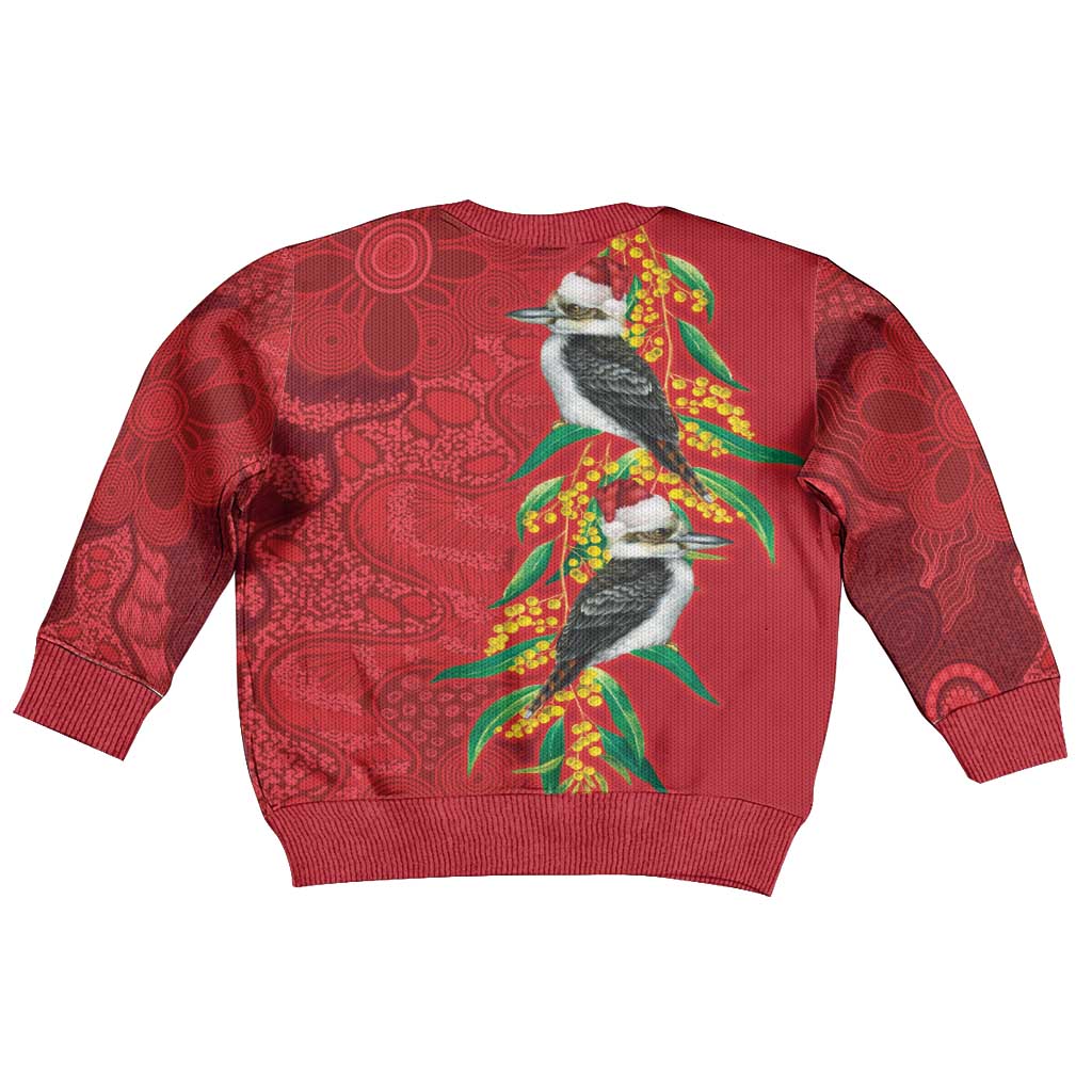 Aussie Kokaburra Golden Wattle Christmas Kid Ugly Christmas Sweater Aboriginal Dots Painting Red Motif - Vibe Hoodie