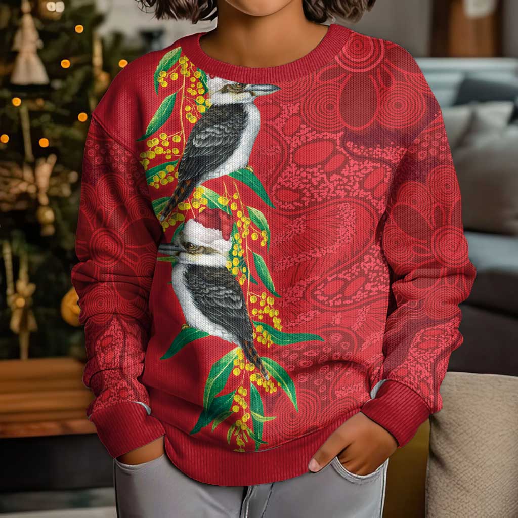 Aussie Kokaburra Golden Wattle Christmas Kid Ugly Christmas Sweater Aboriginal Dots Painting Red Motif - Vibe Hoodie