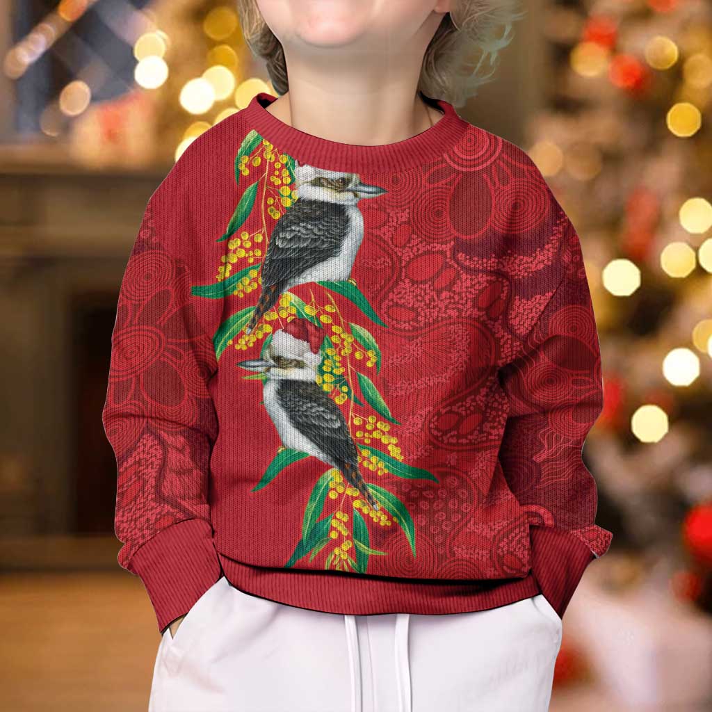 Aussie Kokaburra Golden Wattle Christmas Kid Ugly Christmas Sweater Aboriginal Dots Painting Red Motif - Vibe Hoodie