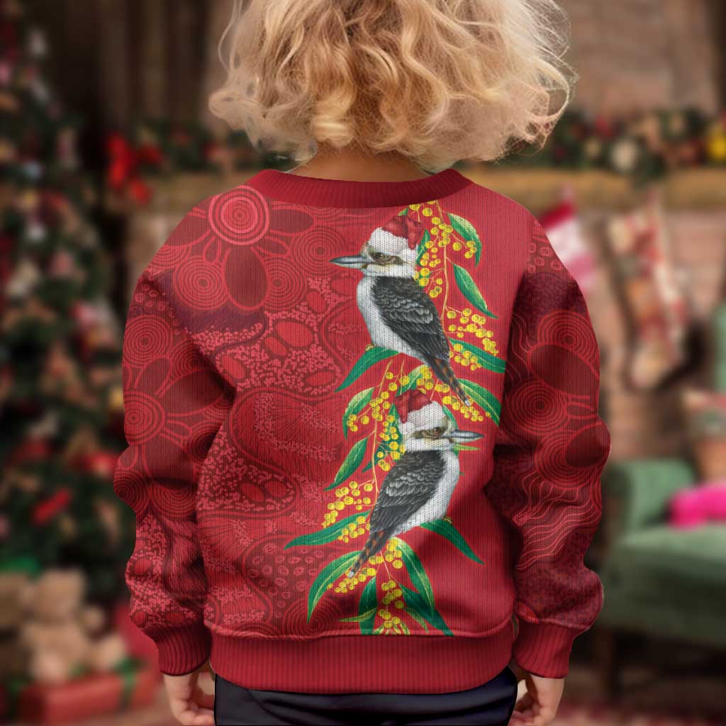 Aussie Kokaburra Golden Wattle Christmas Kid Ugly Christmas Sweater Aboriginal Dots Painting Red Motif - Vibe Hoodie