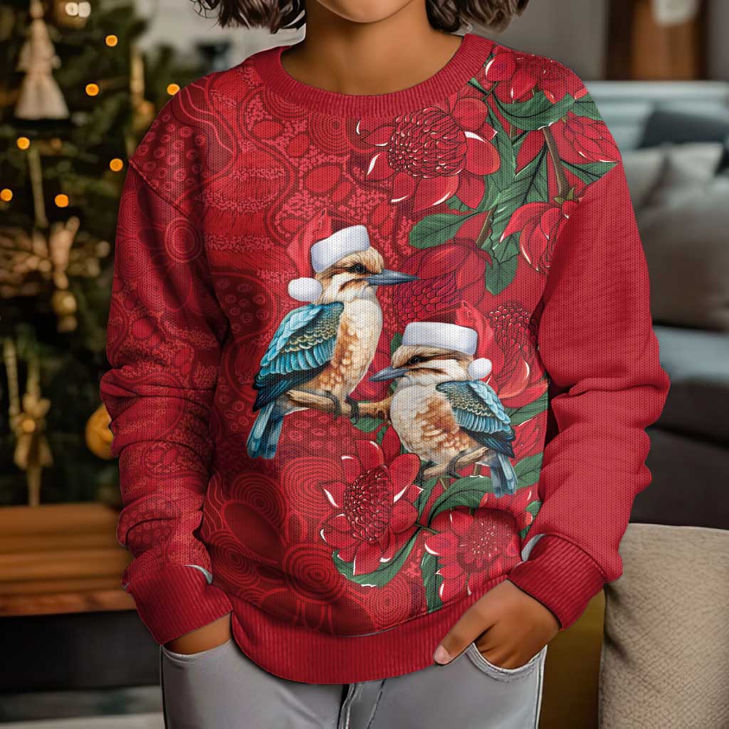 Aussie Kokaburra Waratah Christmas Kid Ugly Christmas Sweater Aboriginal Dots Painting - Vibe Hoodie