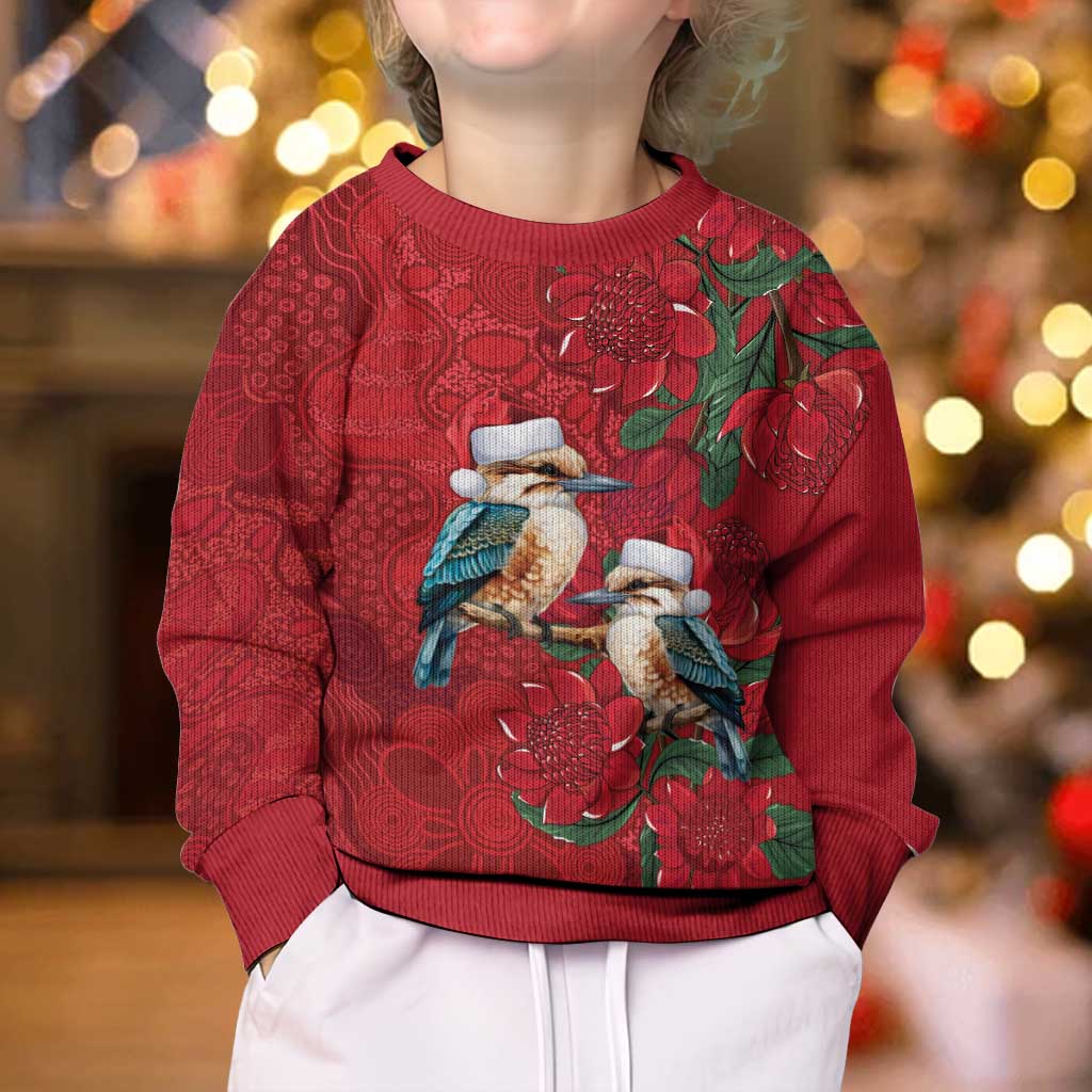 Aussie Kokaburra Waratah Christmas Kid Ugly Christmas Sweater Aboriginal Dots Painting - Vibe Hoodie