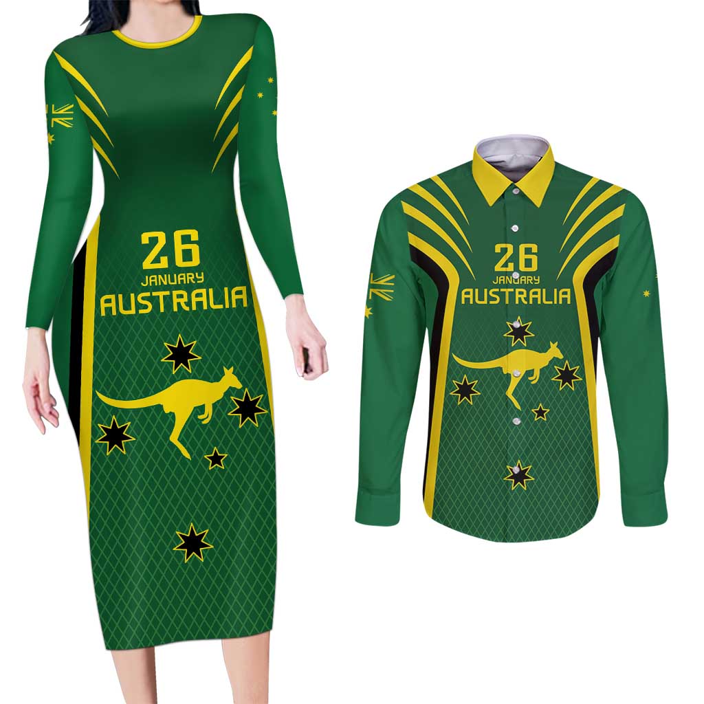 Australia Day 26 January Personalised Couples Matching Long Sleeve Bodycon Dress and Long Sleeve Button Shirt With National Color