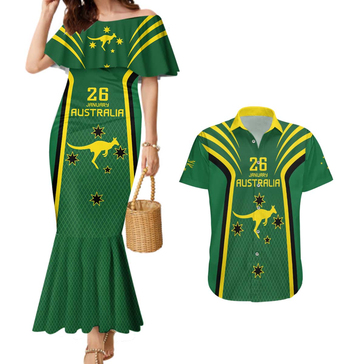 Australia Day 26 January Personalised Couples Matching Mermaid Dress and Hawaiian Shirt With National Color