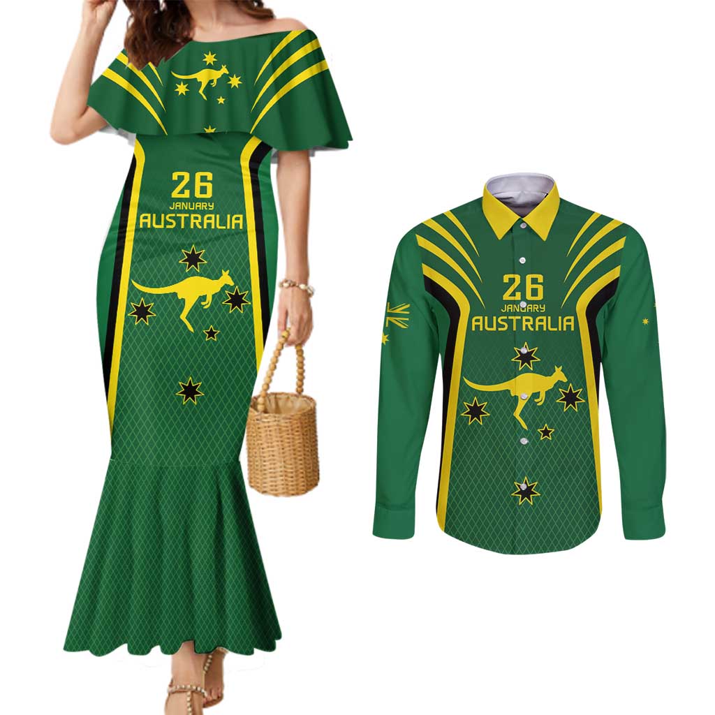 Australia Day 26 January Personalised Couples Matching Mermaid Dress and Long Sleeve Button Shirt With National Color