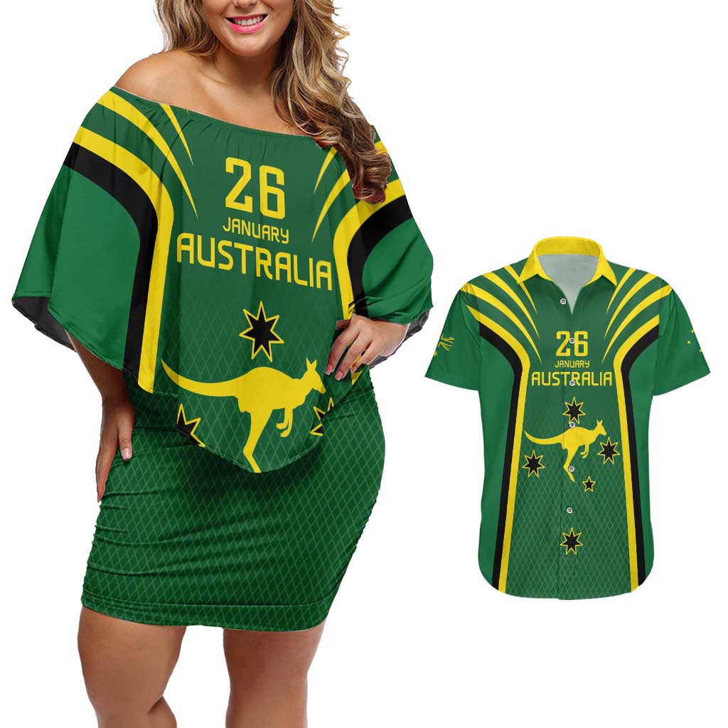 Australia Day 26 January Personalised Couples Matching Off Shoulder Short Dress and Hawaiian Shirt With National Color