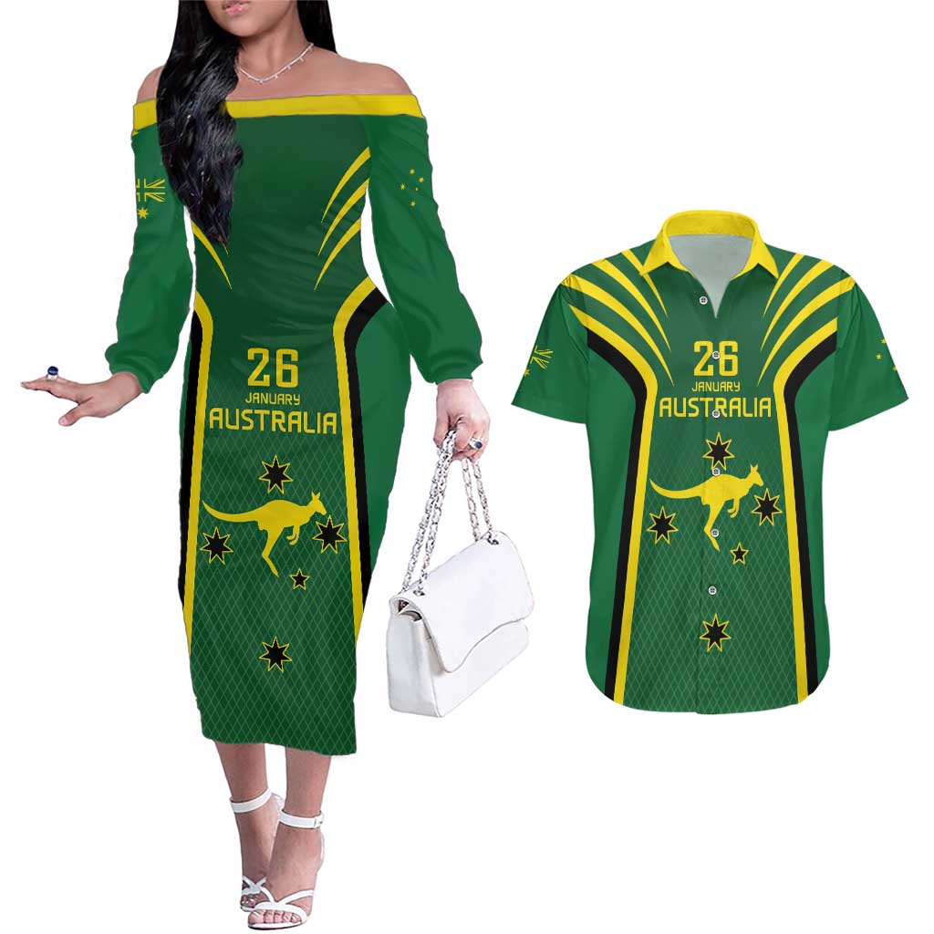 Australia Day 26 January Personalised Couples Matching Off The Shoulder Long Sleeve Dress and Hawaiian Shirt With National Color