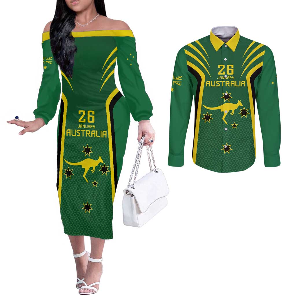 Australia Day 26 January Personalised Couples Matching Off The Shoulder Long Sleeve Dress and Long Sleeve Button Shirt With National Color