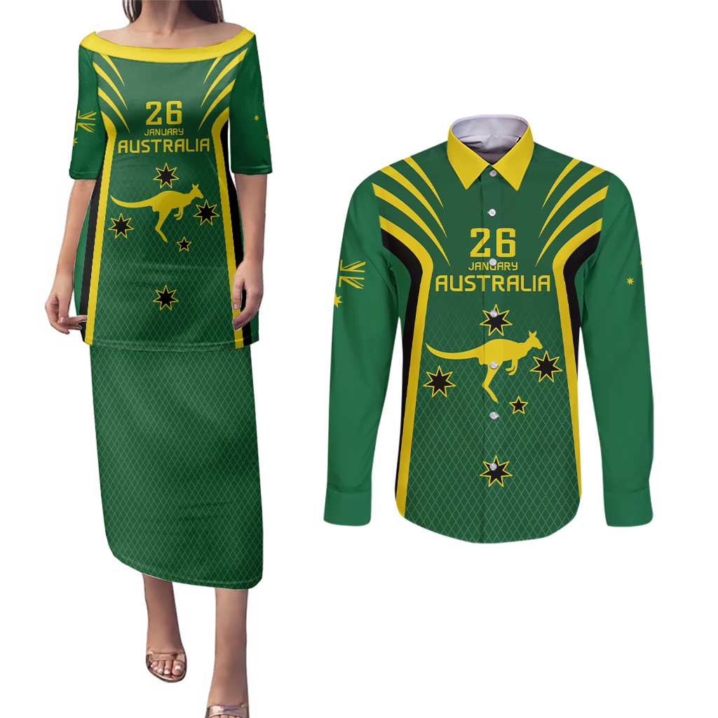 Australia Day 26 January Personalised Couples Matching Puletasi and Long Sleeve Button Shirt With National Color