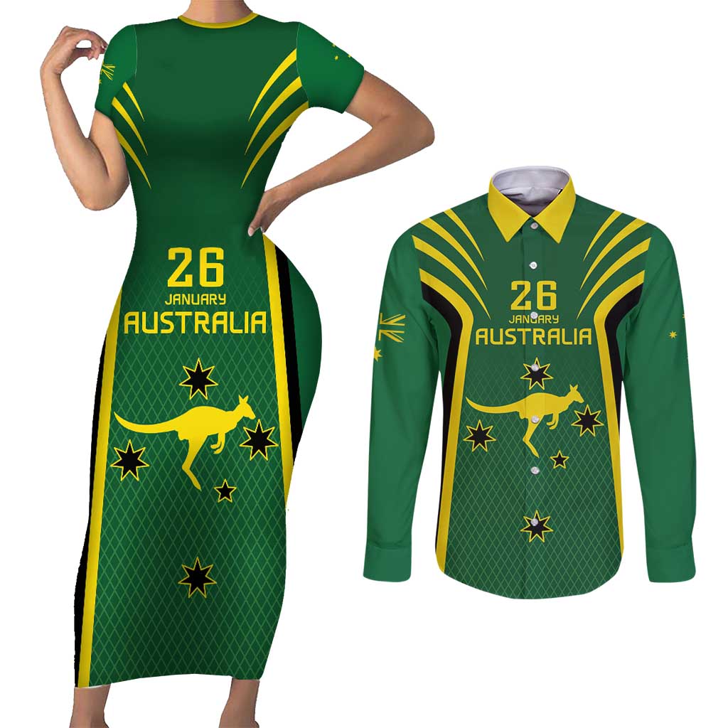 Australia Day 26 January Personalised Couples Matching Short Sleeve Bodycon Dress and Long Sleeve Button Shirt With National Color