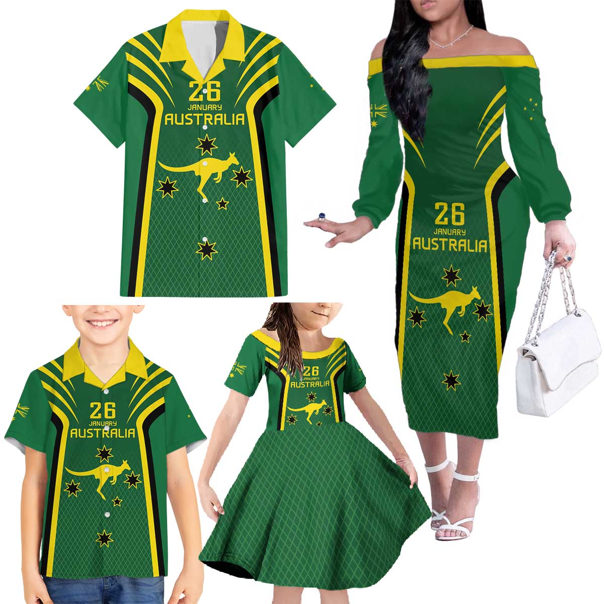 Australia Day 26 January Personalised Family Matching Off The Shoulder Long Sleeve Dress and Hawaiian Shirt With National Color