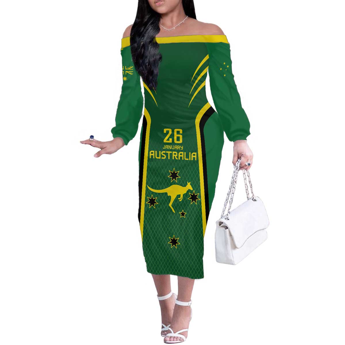 Australia Day 26 January Personalised Family Matching Off The Shoulder Long Sleeve Dress and Hawaiian Shirt With National Color