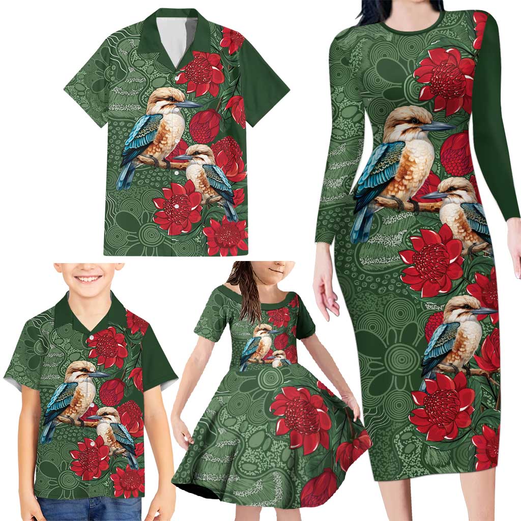 Kokaburra and Waratah Family Matching Long Sleeve Bodycon Dress and Hawaiian Shirt Aboriginal Art