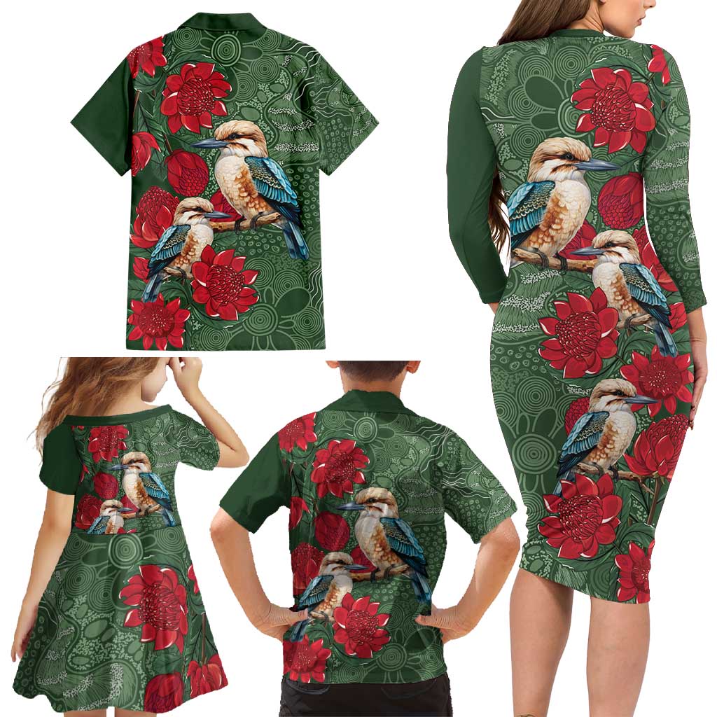 Kokaburra and Waratah Family Matching Long Sleeve Bodycon Dress and Hawaiian Shirt Aboriginal Art