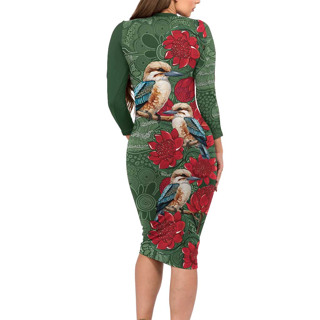 Kokaburra and Waratah Family Matching Long Sleeve Bodycon Dress and Hawaiian Shirt Aboriginal Art