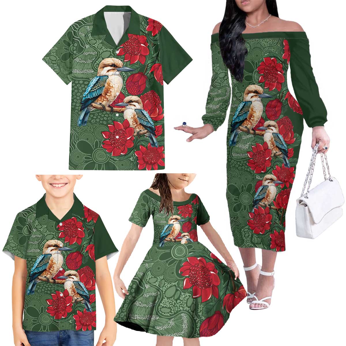 Kokaburra and Waratah Family Matching Off The Shoulder Long Sleeve Dress and Hawaiian Shirt Aboriginal Art