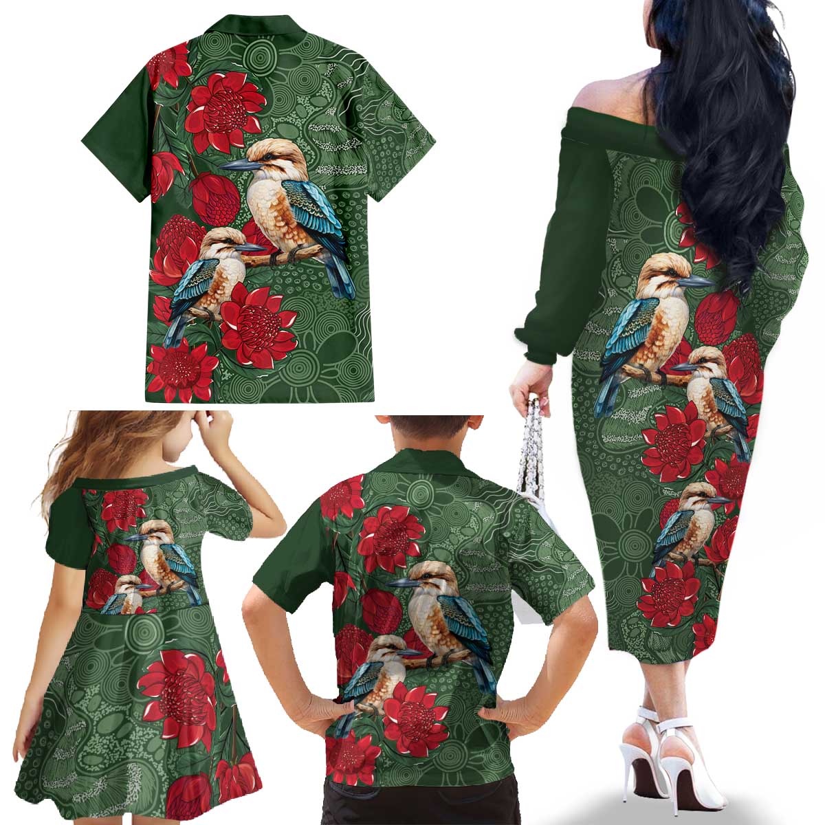 Kokaburra and Waratah Family Matching Off The Shoulder Long Sleeve Dress and Hawaiian Shirt Aboriginal Art