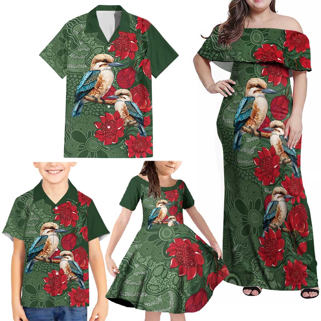 Kokaburra and Waratah Family Matching Off Shoulder Maxi Dress and Hawaiian Shirt Aboriginal Art