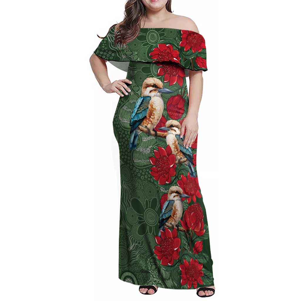 Kokaburra and Waratah Family Matching Off Shoulder Maxi Dress and Hawaiian Shirt Aboriginal Art